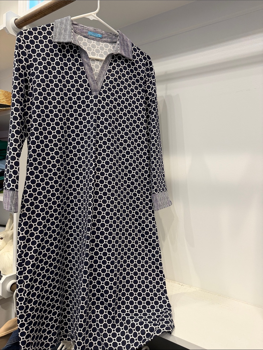 Navy & White Geo-Print Collared Women's Dress